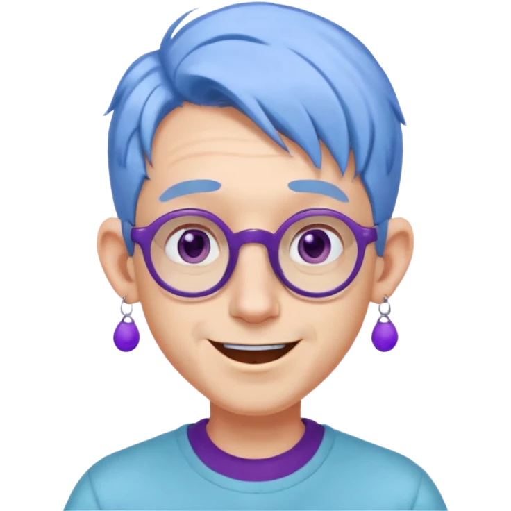 light blue haired man mid length hair with big ears and purple earrings and spectaclesi happy emoji
