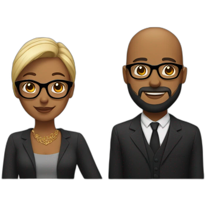 A black couple holding hands, bald man with beard and black glasses emoji