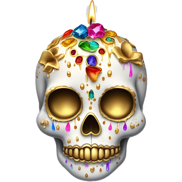 Realistic white sugar skull decorated with colorful rhinestones with a tall metallic gold candle on top of its head dripping down melted metallic gold wax down the skull emoji