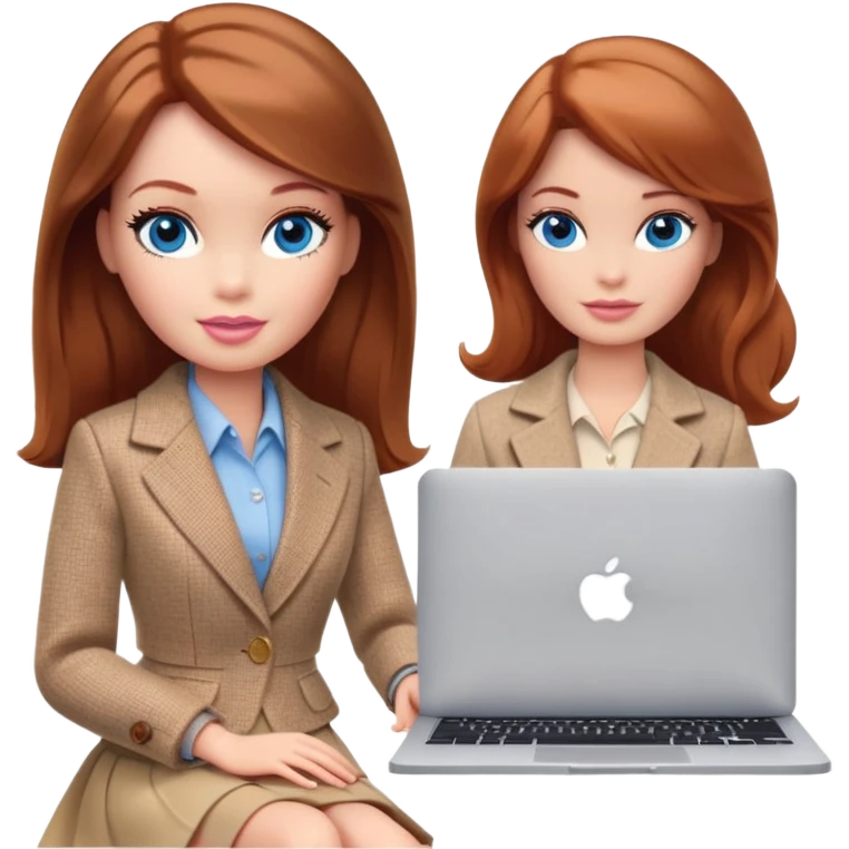 A Barbie girl with blue eyes, shoulder-length reddish-brown hair, made-up, wearing a beige tweed jacket and beige skirt, is sitting a with a MacBook emoji