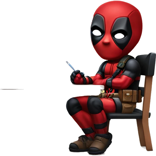 Cute Deadpool sitting at a desk, front view emoji
