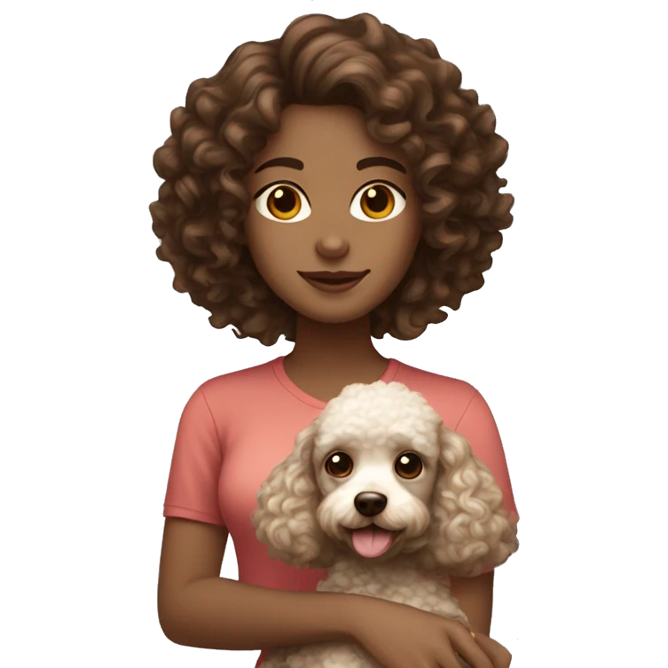 Girl with wavy curly brown hair pale to brown skin and brown eyes holding a small poodle emoji