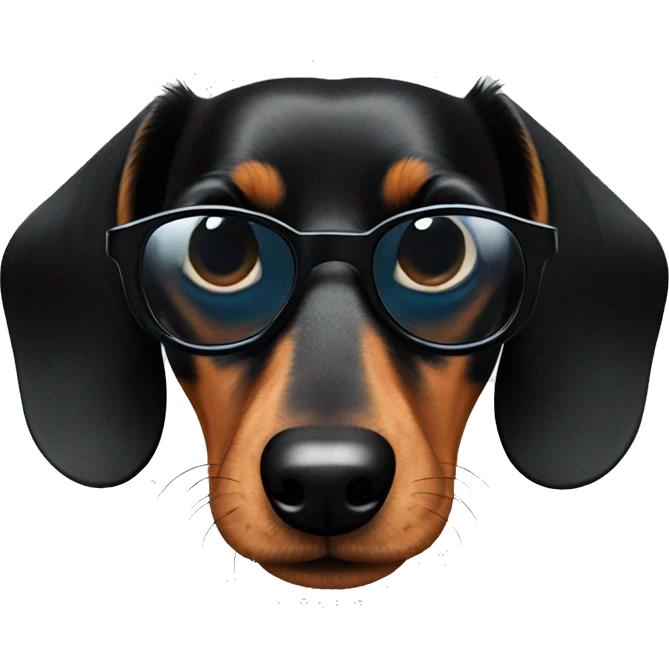 A black short-haired dachshund with a wacky look on his sunglasses emoji