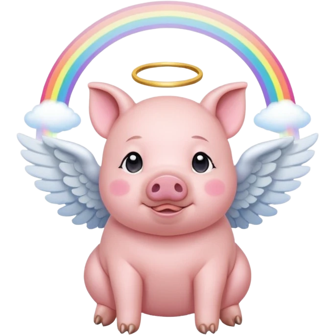 pig with angel wings, halo, and a gentle expression, pausing in the middle of a rainbow bridge emoji