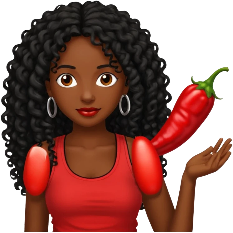 Rozonda Chilli Thomas medium dark skin long black curly hair, red tank top emoji