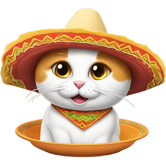 A white and orange cat eating tacos with a Mexican hat emoji
