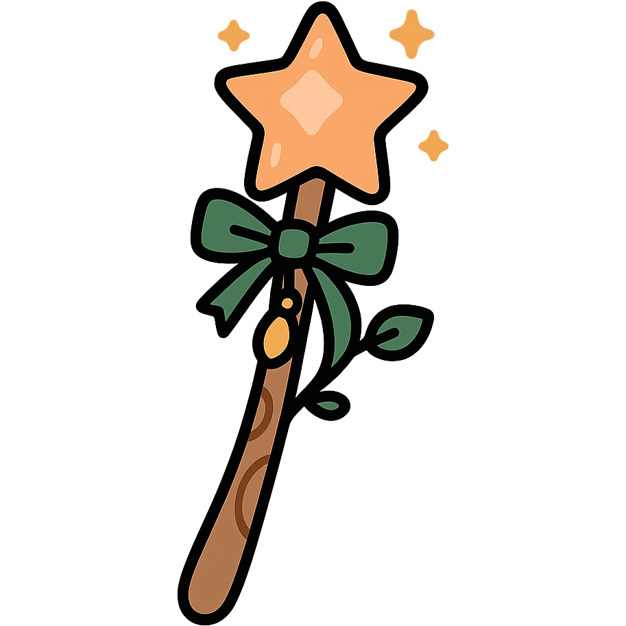 A cute and magical wand with an elegant, whimsical design, incorporating a color palette of golden orange (FA9B41), forest green (4A7C5C), soft taupe brown (96775A), and pastel peach (FFCC9A). The wand is slender and slightly curved, made of smooth wood with delicate carvings. At the top, there's a glowing gem or star in peachy tones, surrounded by tiny sparkles. Decorative elements like a ribbon, tiny leaves, or a small charm add a cozy, storybook-like charm. The overall look is gentle, enchanting, and magical, perfect for a forest fairy or a kindhearted young wizard emoji