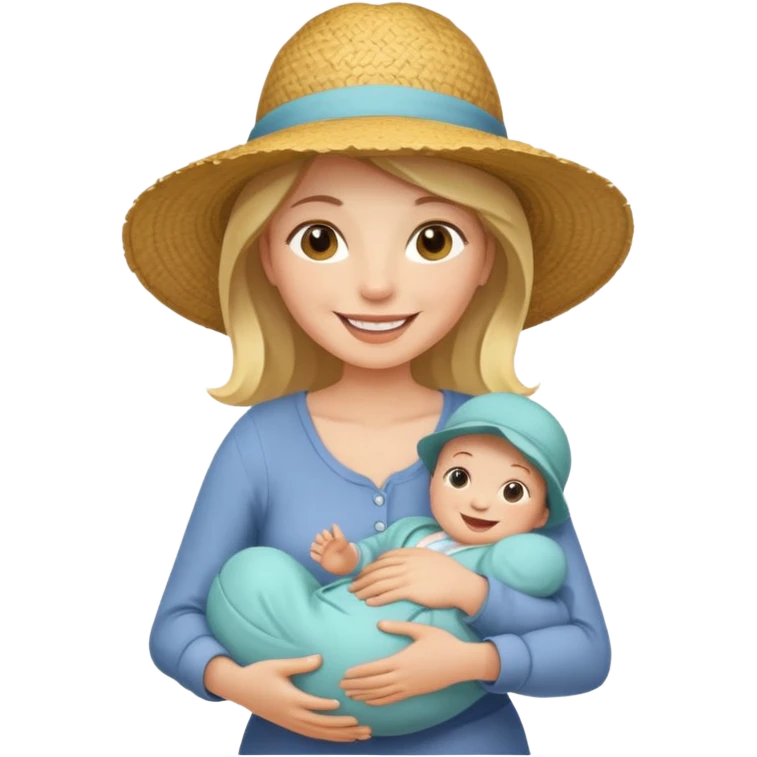 A cheerful mom in a straw hat carrying a baby emoji