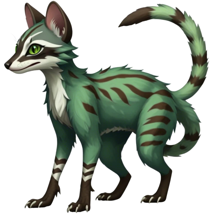 Feral Rare Fantasy dark tropical Vernid-Sergal-Genet-Trico-species by LiLaiRa, random markings, tufted tail, tufted ears, full body emoji