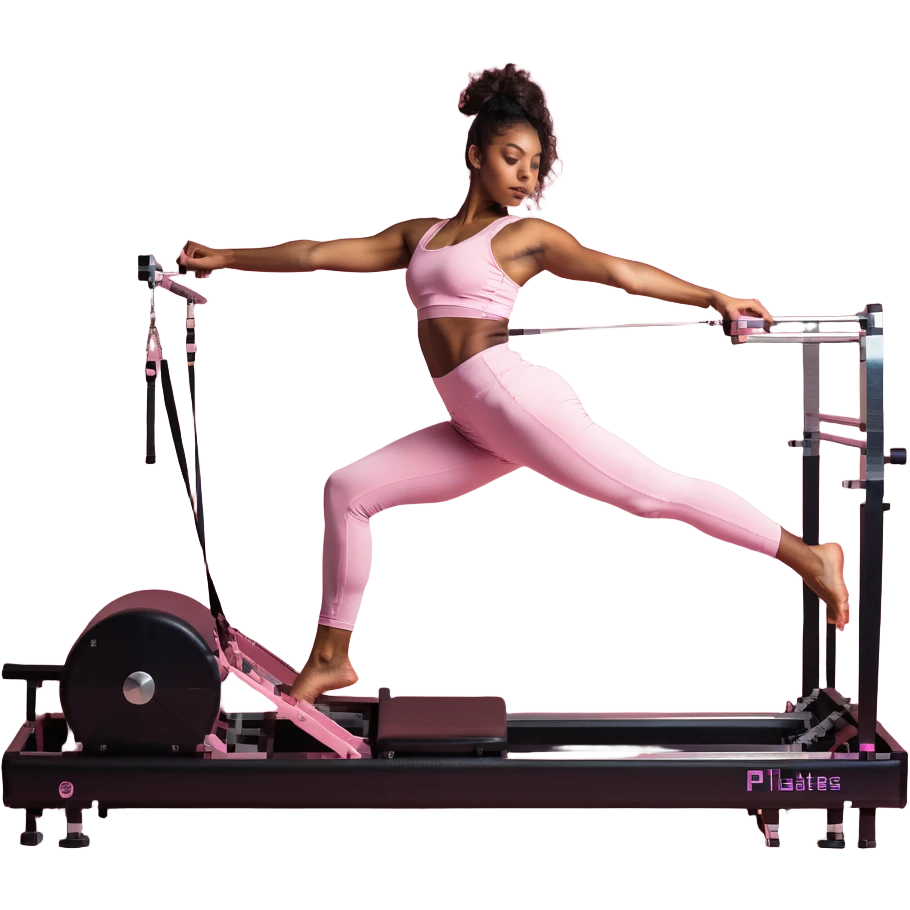 Brown girl in pink outfit on pink reformer pilates emoji