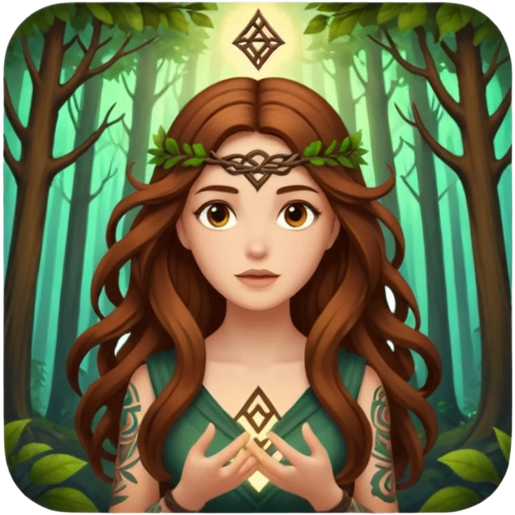 idea moment forest woman long wavy brown hair tattoos glowing rune above head emoji