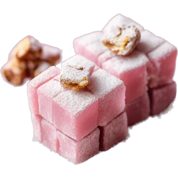 Turkish delight stacked cubes with chopped walnuts and covered with powdered sugar, on a pink porcelain plate emoji