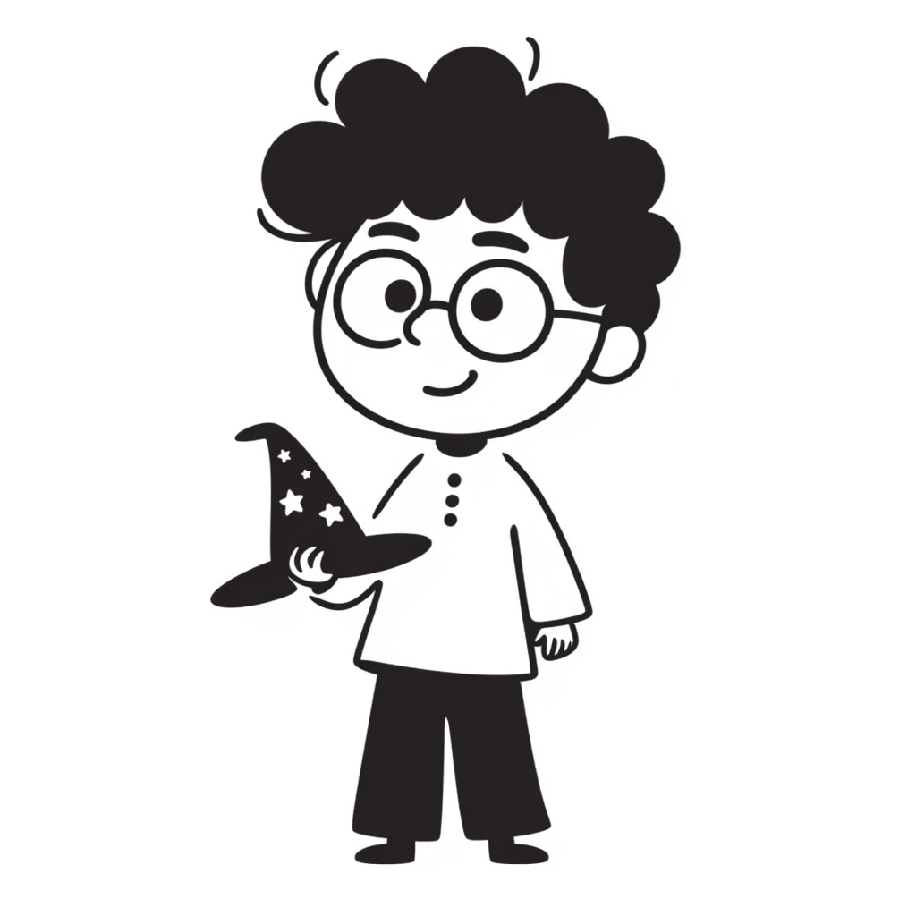 Harry Potter with round glasses and a wizard hat in hand drawn doodle style emoji