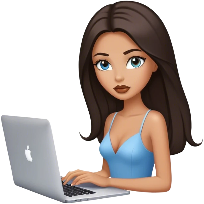 Glamours tanned very beautiful girl with pump peach beige lips and dark chocolate straight smooth long hair, blue-grey eyes with MacBook emoji