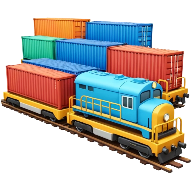 A 3D cartoon cargo train with colorful containers on flatbed cars, industrial background, Memoji-style realism. emoji