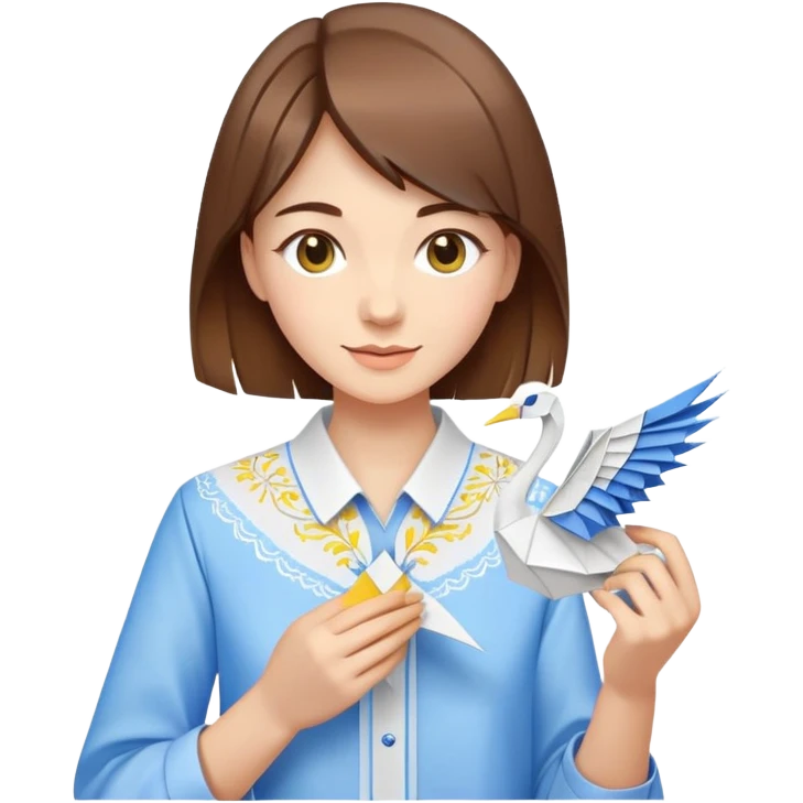 A happy Ukrainian young girl with brown hair in a white embroidered shirt makes an origami of a yellow and blue crane emoji