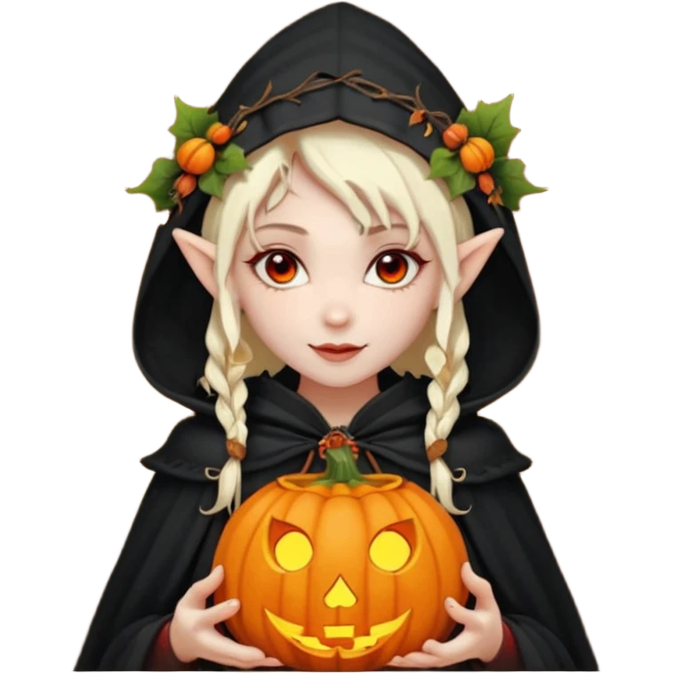female elf vampire emoji, pale skin, red eyes, elegant face, autumn leaf and pumpkin wreath on head, black hooded cloak with cobweb details, holding small glowing pumpkin lantern, Halloween fantasy theme, Apple emoji style, clean white background, square emoji