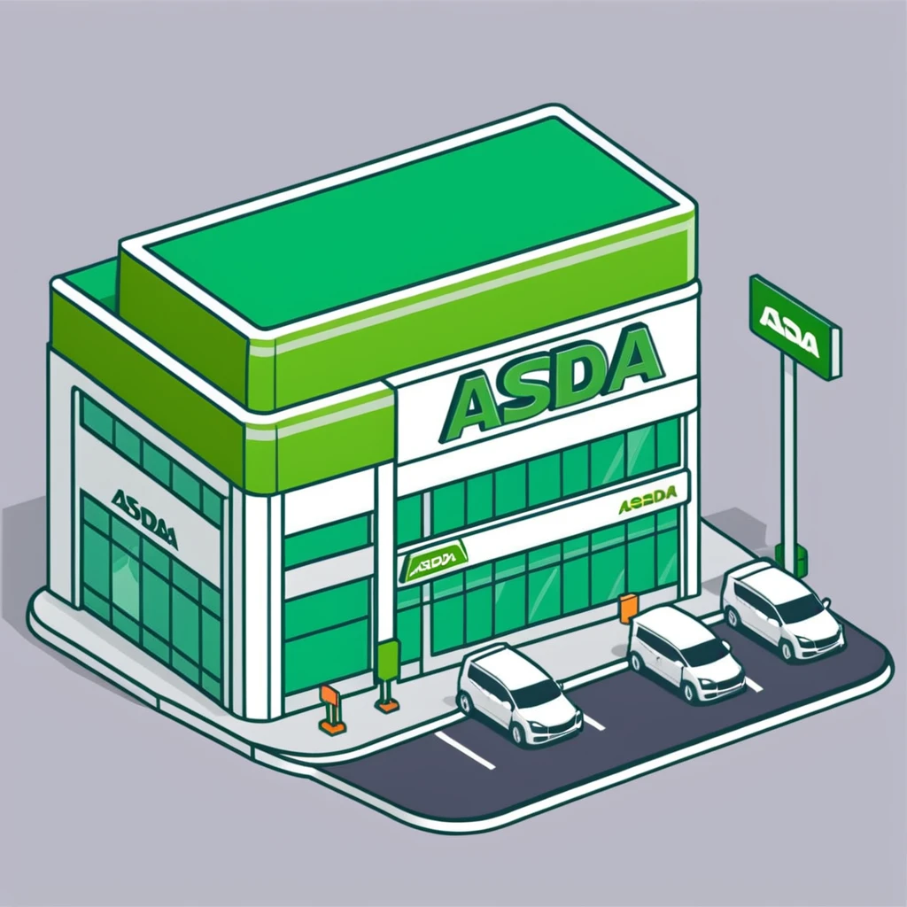 Isometric ASDA supermarket exterior with green facade, click and collect pickup point, and British number plate cars in car park emoji