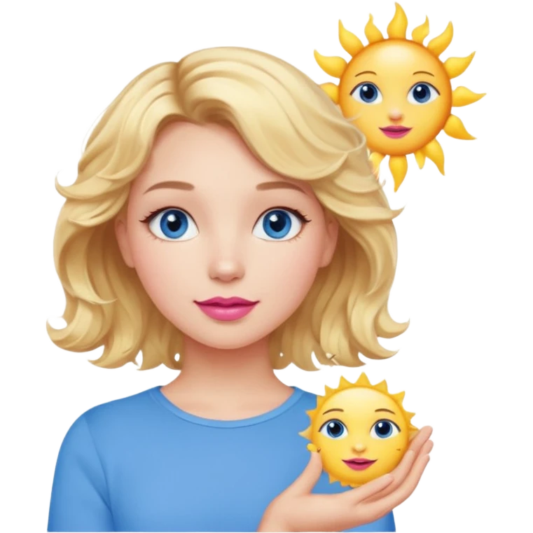 Girl Blonde short wavy hair,  blue eyes, cute blue top, long lashes, pink lips, holding the sun   emoji