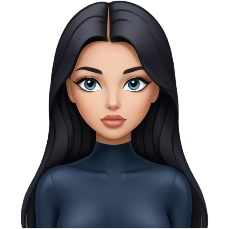 Glamours, tanned, very beautiful girl, with big pump peach-beige-rose lips, long long lashes, black straight smooth silky long hair, straight parting hair, blue-grey eyes in black long-sleeves bodysuit emoji
