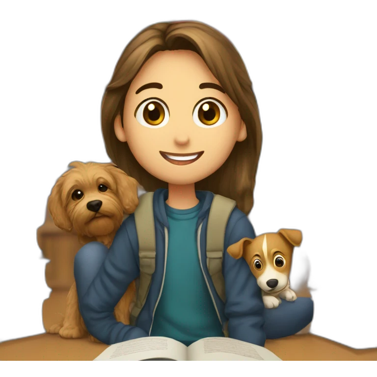 imagen estilizada de un estudiante junto a sus libros y una mascota emoji