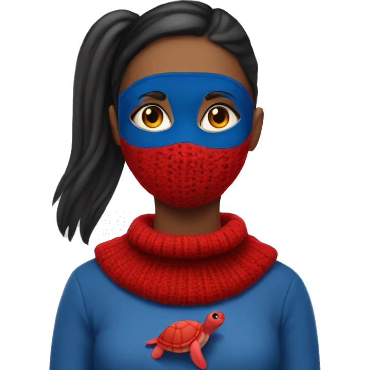 girl with blue eyes, a red mask around eyes, dark blue pigtails, and a red turtle neck sweater emoji