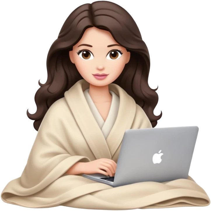 Barbie girl with a long wavy dark brown hair in pale beige clothes inside a pale beige blanket working macbook  emoji