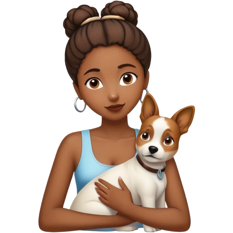 smart, 30 year old, brown African girl, back bun hairstyle, with one big white brown dog emoji