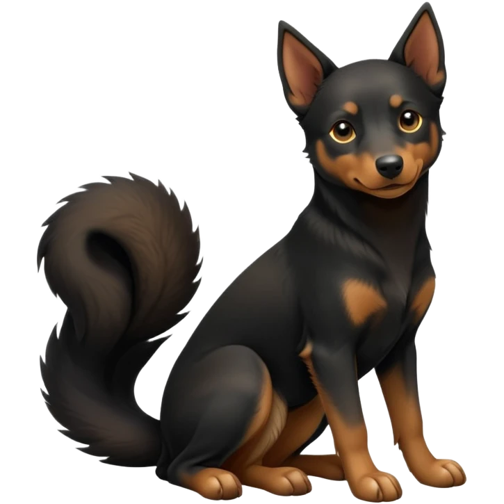 cinematic-[australian kelpie]-detailed realistic-full-body-sitting-emoji,-tail-resting-loosely-beside-its-paws,-head-tilted-dramatically, -sleek-[Black and tan]-fur,-simplified-yet-realistic-focused-features,-highly-detailed,-glowing-with-an-almost-sarcastic-glow emoji