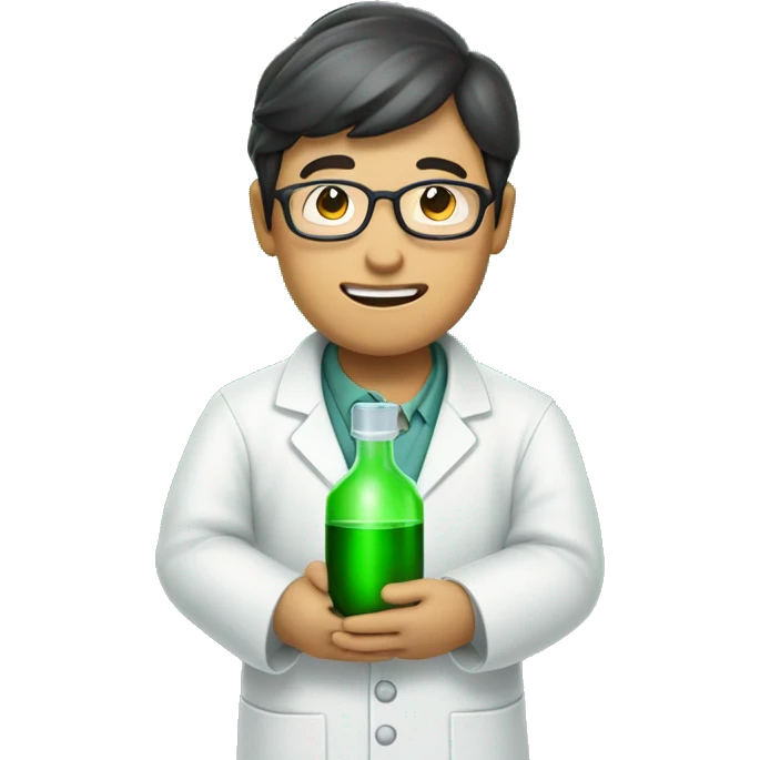 asian scientist experemintator with green liquid bottle in hands  emoji