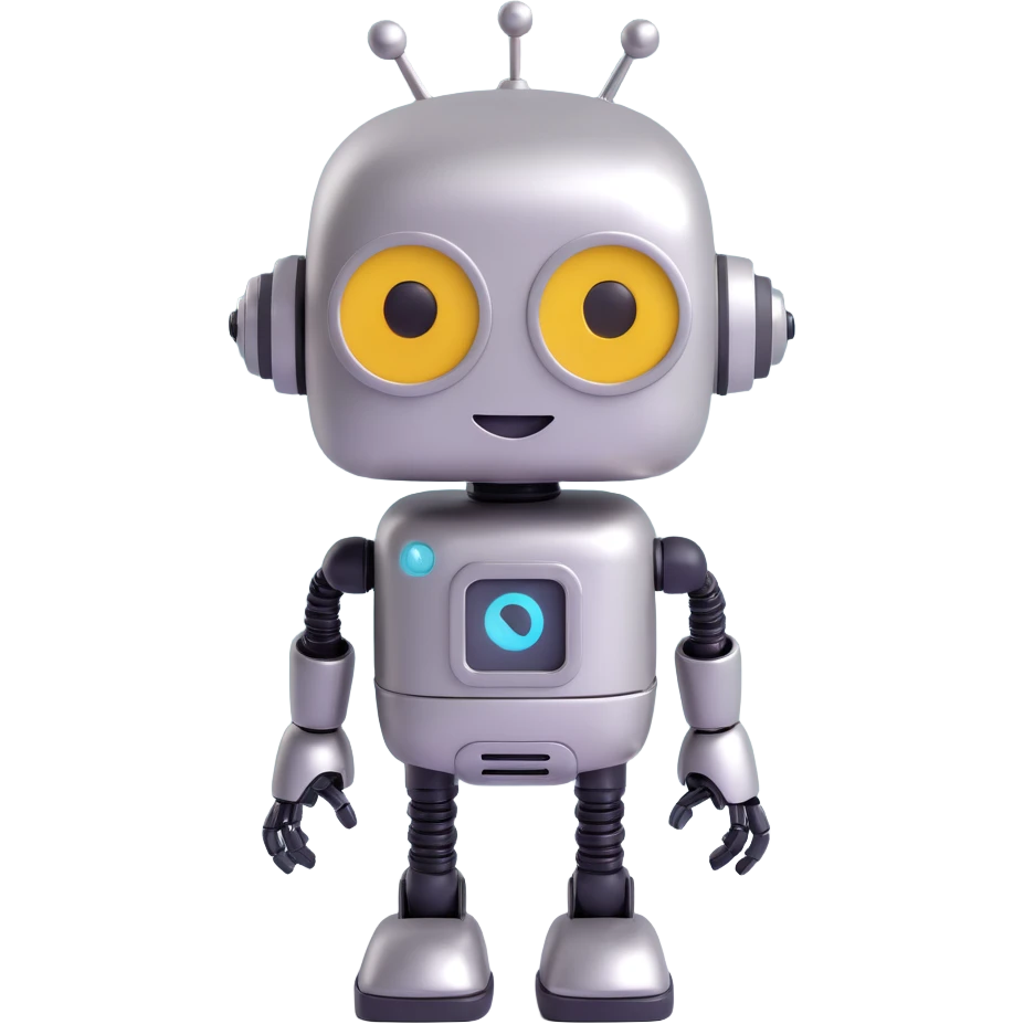 silly robot with expressive face, metallic finish, random accessory, 3D emoji style emoji
