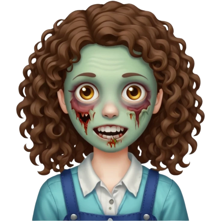 uma garota zumbi com o cabelo cacheado meio ondulado que usa aparelho emoji