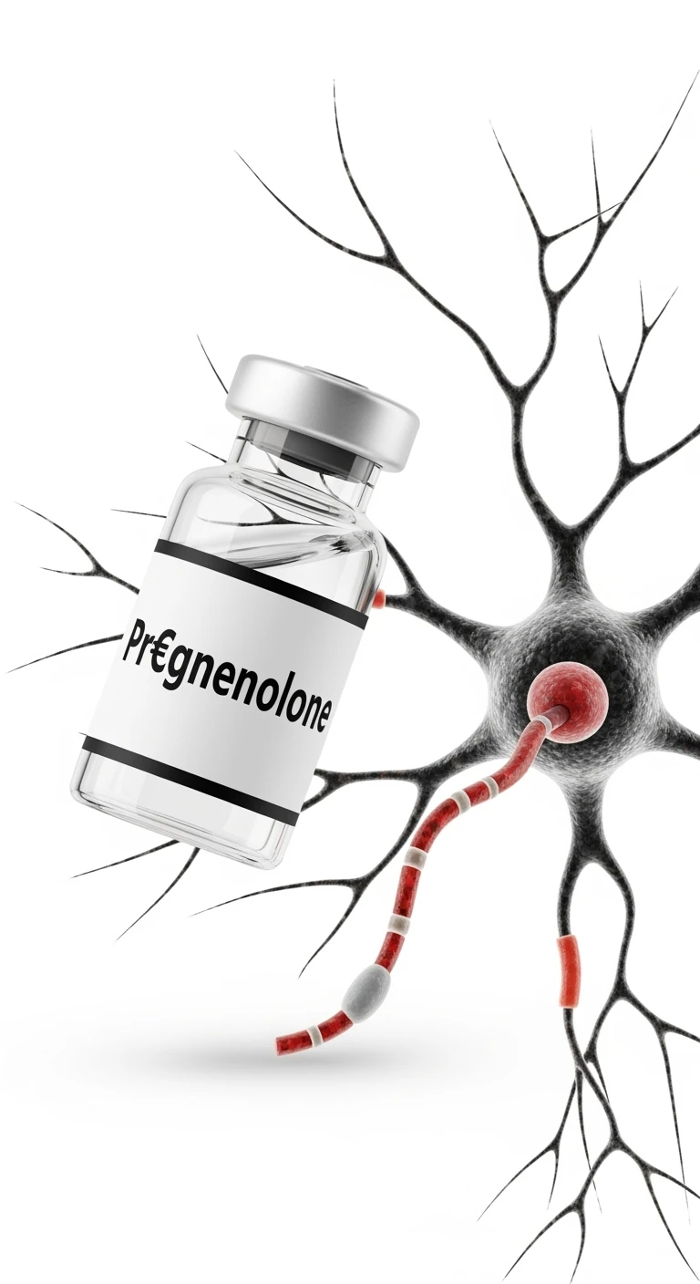 FIALA CON LA SCRITTA "Pr€gnenolone" FLUTTUA IN ARIA CON UN NEURONE UMANO ANATOMICO, ISOLATI SU SFONDO BIANCO emoji
