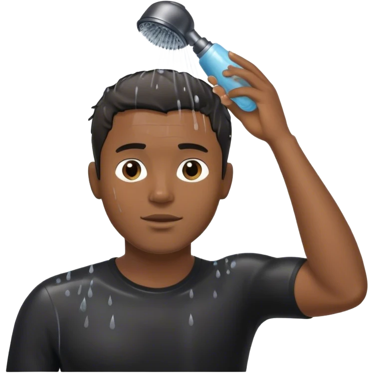 Black guy with black shirt in the shower, showing the showerhead and washing his hair with shampoo, short hair emoji