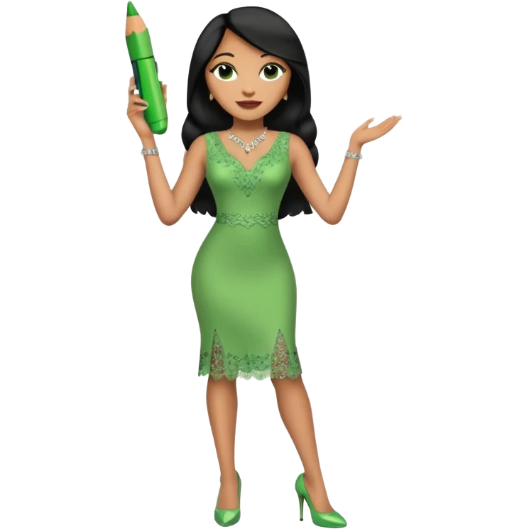 A plus-size light-skinned Black woman is wearing makeup. She has long, straight, waist-length black hair and is wearing a green sleeveless dress with rhinestones and lace and a low neckline. She is standing in green high heels and is holding a crayon in one hand, with the other hand raised. emoji