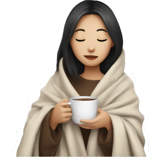 asian girl inside a blanket sipping coffee eyes closed emoji
