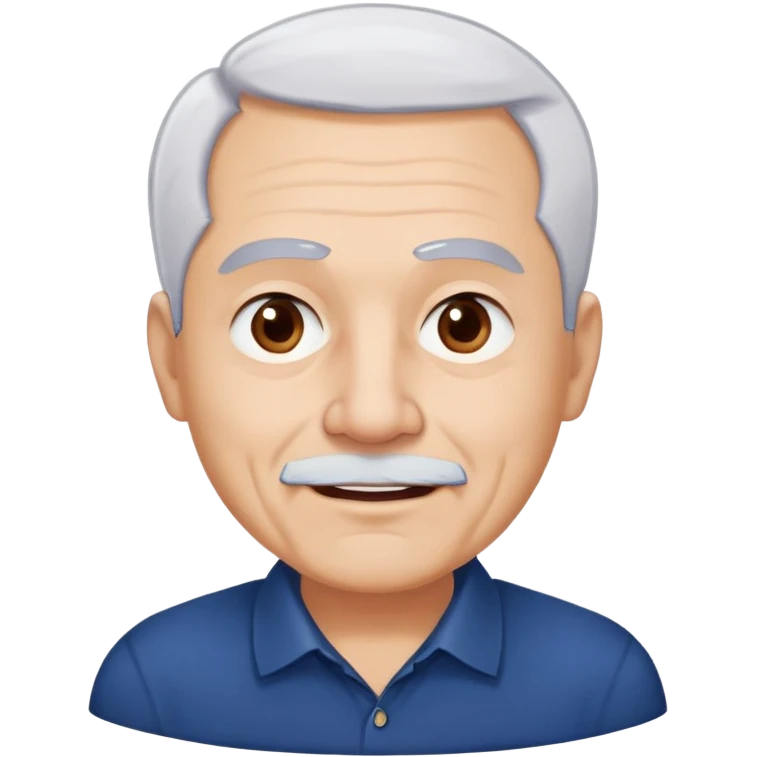 Charismatic older Hispanic man with light skin, round face, wide jaw. Lively dark brown eyes that look humorous. Thick straight eyebrows. Short white hair with receding hairline. Clean-shaven. Wearing a dark blue shirt. emoji