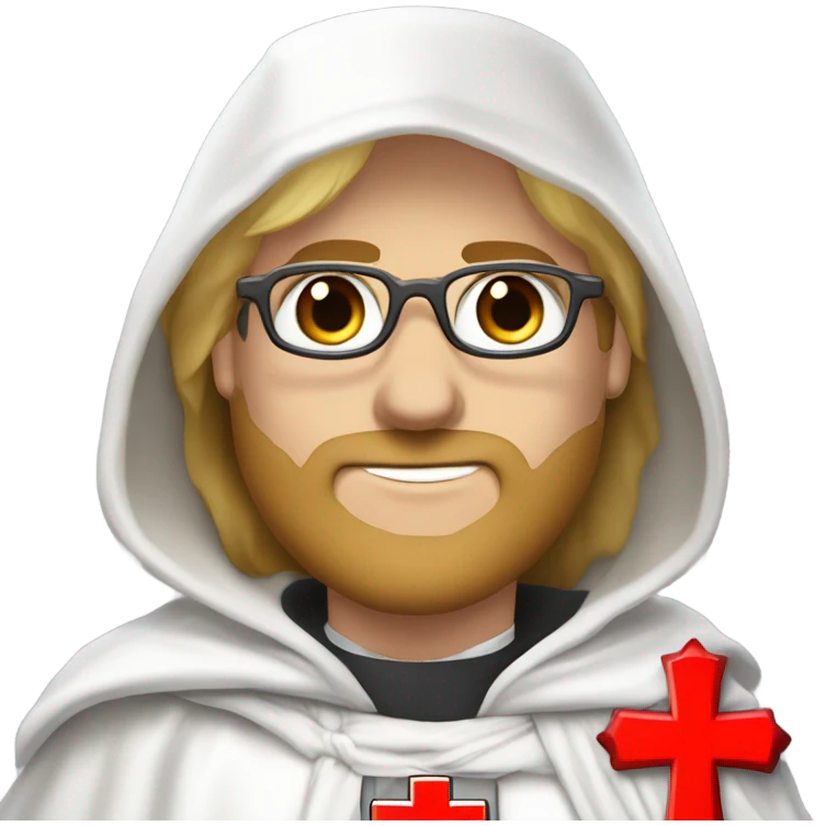 blond haired Masonic knight Templar wearing glasses and a white tunic with a Red Cross on the front and a white mantle with a hood with a Red Cross on the left side and a male face  and holding a sword. emoji