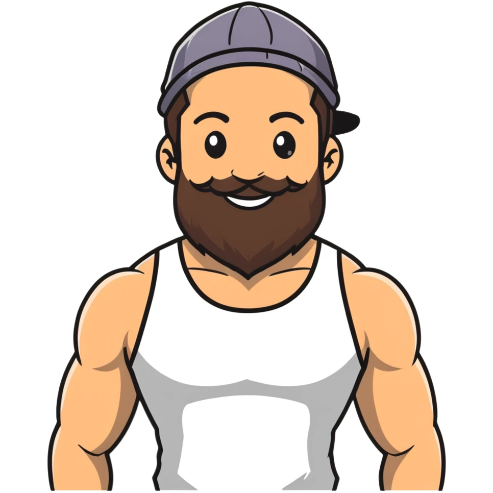 Muscular man with mid-long hair wearing a hat, big beard, smiling, white tank top emoji