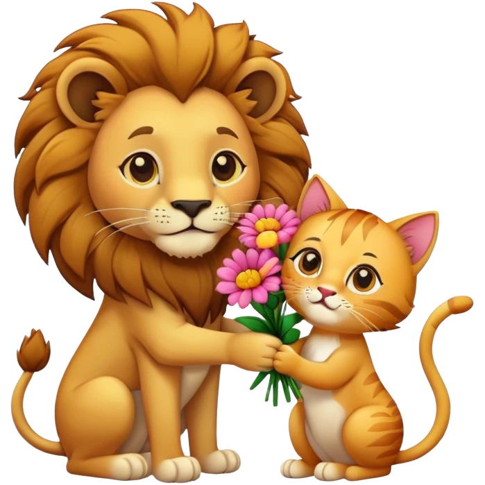 Lion give cat flowers emoji