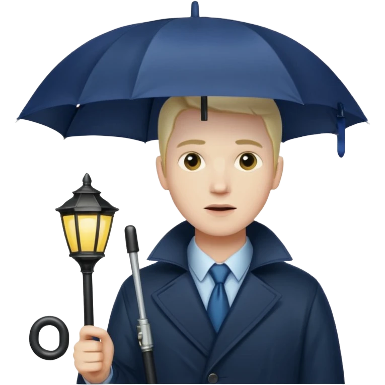 Man with umbrella + streetlight reflection, Midnight Wanderer. emoji