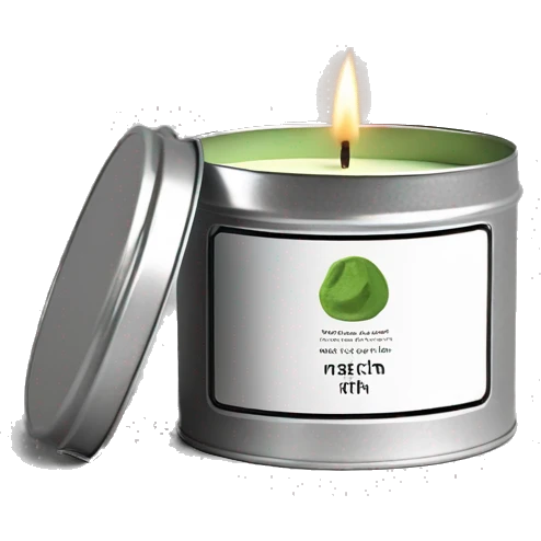 minimal matcha scented lit candle in small silver tin with realistic label emoji