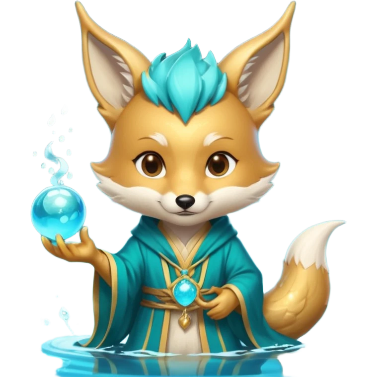 Chibi teal fox with small antler horns, confident magical expression, gold mark on forehead, teal-gold robe, holding glowing blue water orbs, with dragon tail with small antler horns emoji