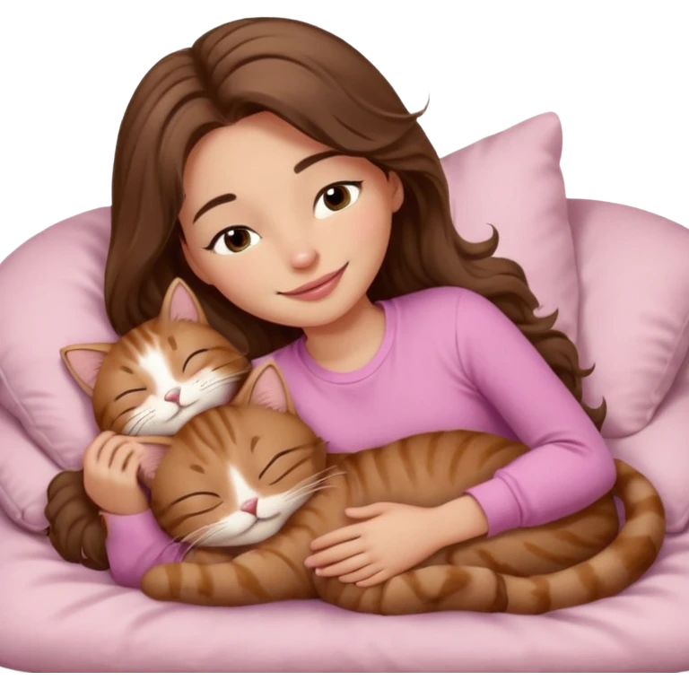 girl with wavy long brown hair, brown eyes, light to medium complexion, long lashes, light pink lipstick, smiling, wearing light pink shirt, sleeping on a cozy pillow, cuddling a brown tabby cat  emoji