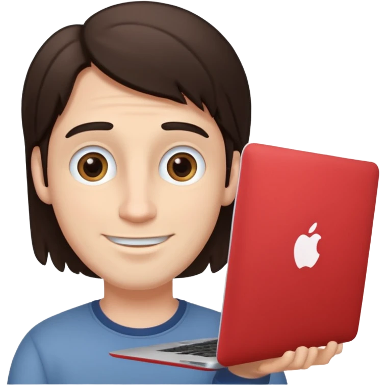 A white brunette man in his mid 20s, middle part average dude with slightly droopy eyes, happy, using a MacBook (no logo), hero for an iOS developers website emoji