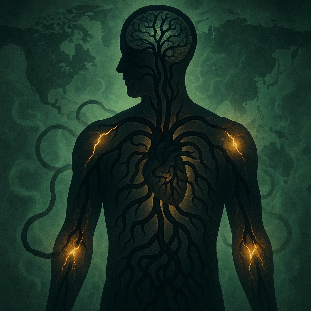 semi-realistic, medical-fantasy style; human silhouette with dark worm-like tendrils spreading from gut and heart to brain and joints, world map in background, glowing fissures and green mist, high contrast, allegorical mood emoji