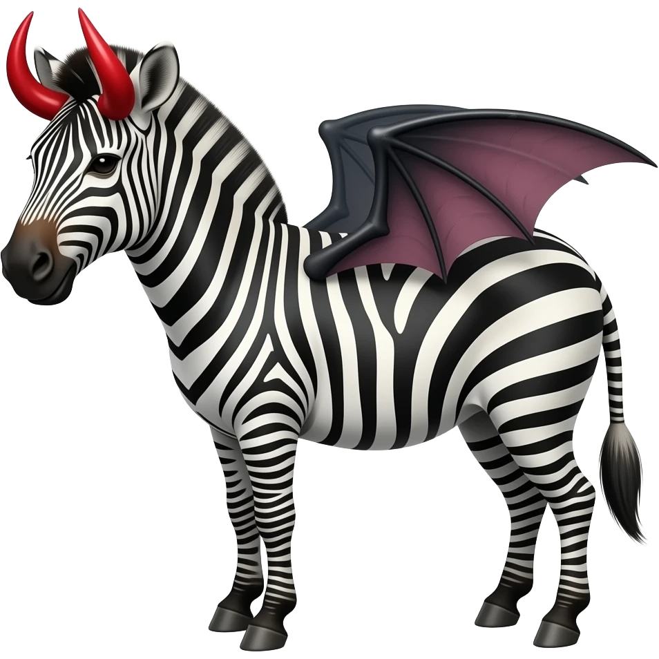 zebra  standing pose front view with red devil horns and bat wings emoji
