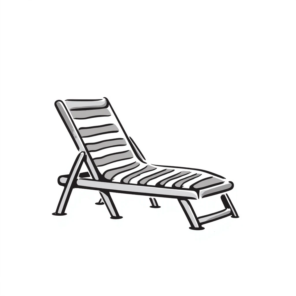 A beach lounge chair/deck chair in pastel colors (dd9fb0, ffc6d3, a3bfc9, c4bee2, f1b091), hand-drawn doodle style emoji