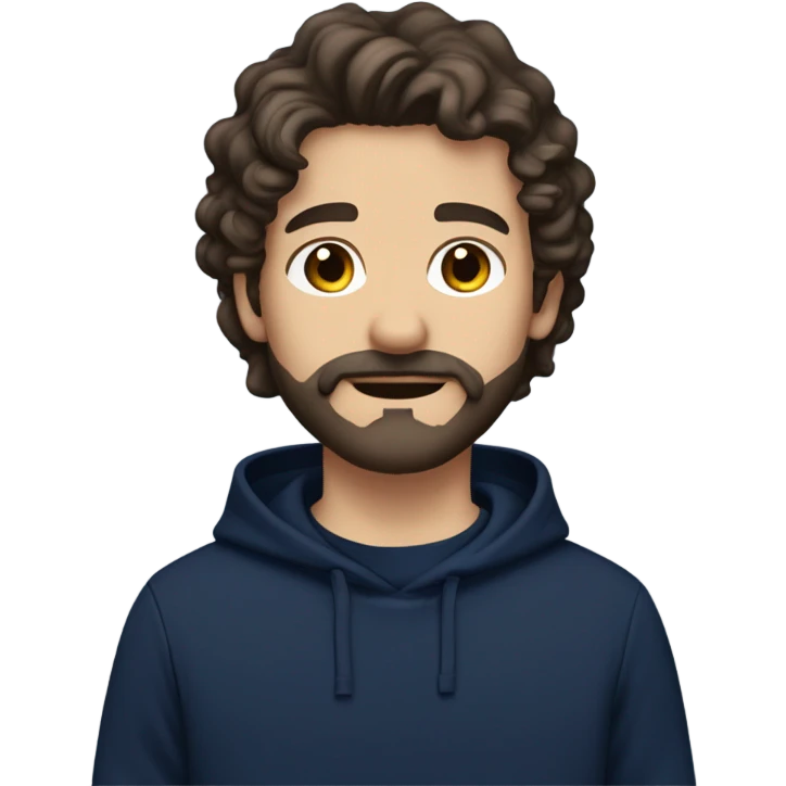White boy with dark brown medium length wavy hair and a beard and mustache and pretty hazel eyes in a navy sweatshirt emoji