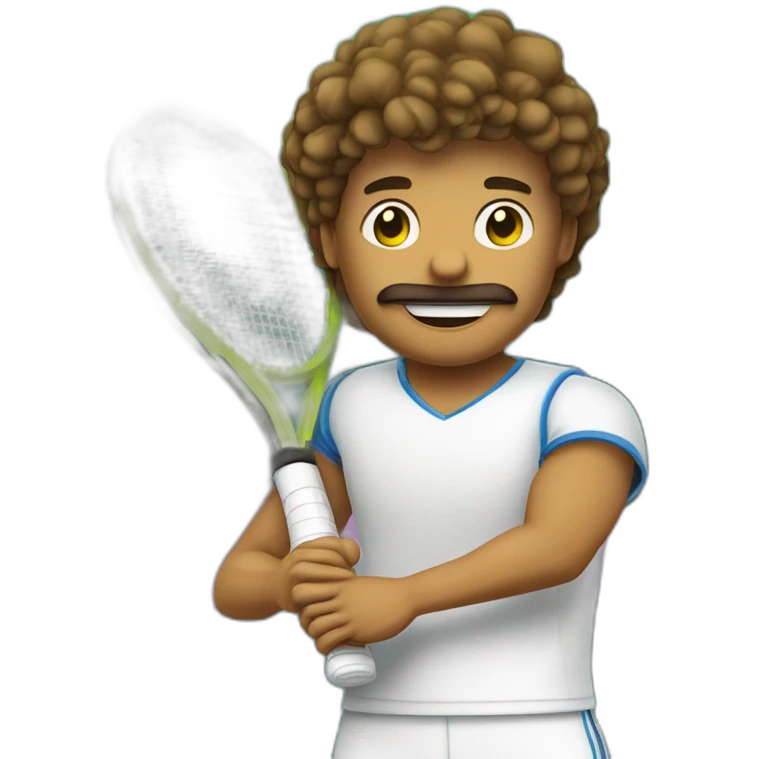 Ragazzo riccio con maglietta gialla gioca stanco con una racchetta da tennis emoji